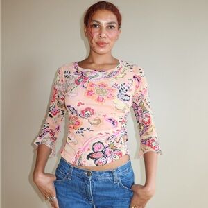 Y2K Sheer Mesh Floral Bell Sleeve Top – Vintage Etcetera Boho Fairycore Blouses